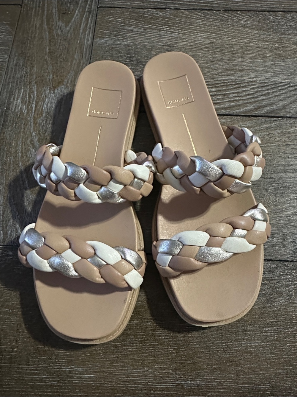 Dolce Vita Braided Double-Strap Slide Sandals - Nude, White, Silver Size 8.5